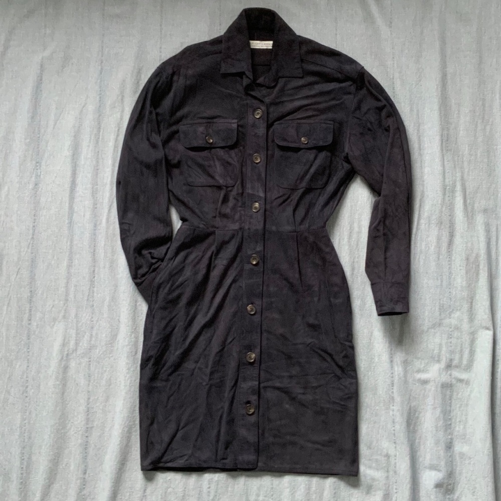 Calvin Klein Navy Suede Leather Shirtdress w/ Belt & Pockets